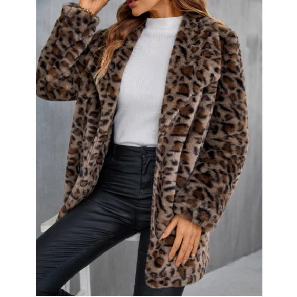 Luxe leopard print vegan fur open front coat - Picture 2 of 5